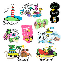 Watercolor Banners, Ribbons And Icons - Isolated On White Background. Vector Illustration, Graphic Design. Hand Drawn, Summer Concept. For Web,Websites,Magazine Page,Print, Promotional Materials