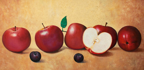 five and half apples and two plums original oil painting on canvas, amazing still life painting,