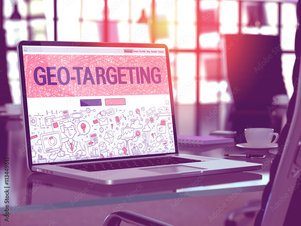 Aufkleber geo-targeting concept - closeup on landing page of laptop screen in modern office workplace. toned i