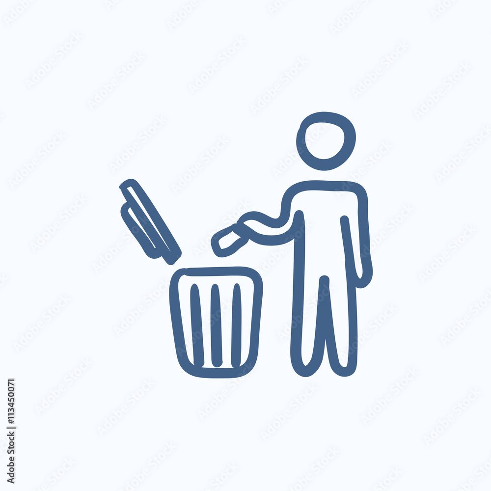Aufkleber man throwing garbage in a bin sketch icon.
