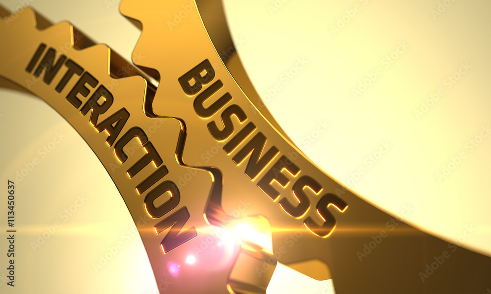 Poster business interaction on mechanism of golden metallic cog gears. business interaction on golden gears