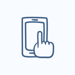 Obraz premium Finger pointing at smart phone sketch icon.