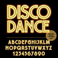 Neon bright set of alphabet letters, numbers and punctuation symbols. Vector light up yellow logotype with text Disco dance