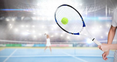 Fototapeta premium Close up of hands playing tennis on a court