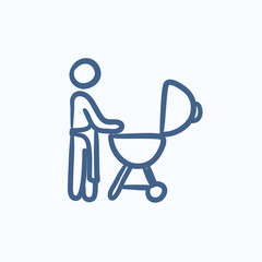 Man at barbecue grill sketch icon.