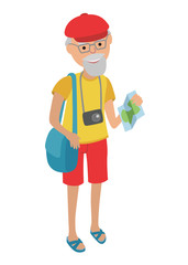 Illustration of elderly man tourist isolated on white background in flat style. Grandfather holding bags and booklet in his hands.