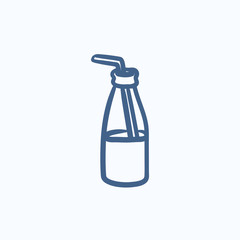 Glass bottle with drinking straw sketch icon.