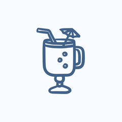 Glass with drinking straw, umbrella sketch icon.