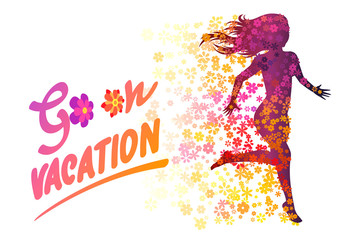 Flower silhouette running woman. Go on vacation hand drawn inspiration. Vector illustration of a summer holiday.