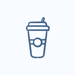 Disposable cup with drinking straw sketch icon.