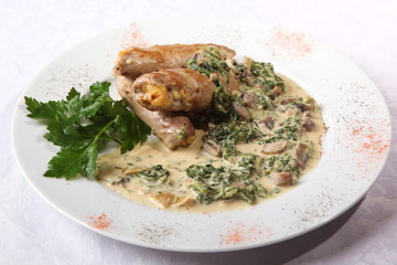 Beef sausage with mushroom sauce