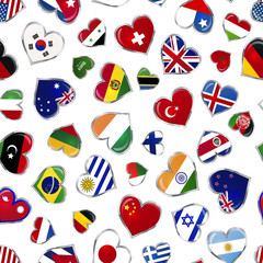Heart shaped glossy flags of world sovereign states on white, seamless pattern