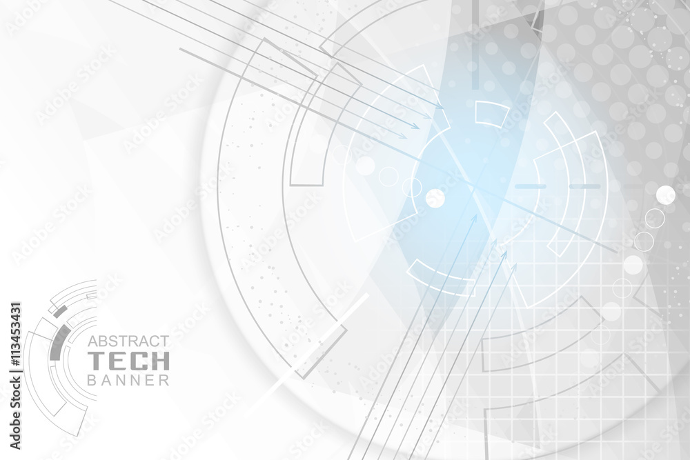 Poster technological abstract background. vector banner with red glow, grid, halftone effect and cogwheel.