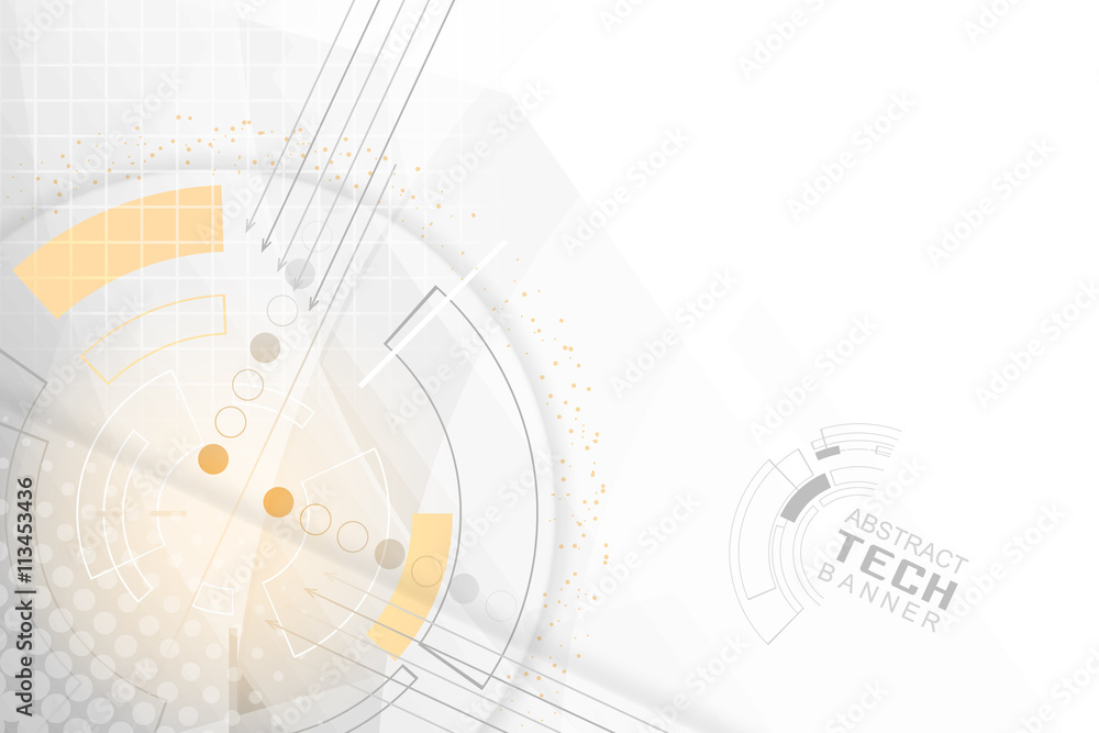 Poster technological abstract background. vector banner with red glow, grid, halftone effect and cogwheel.
