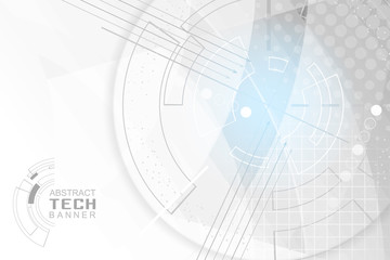 Obraz premium Technological abstract background. Vector banner with red glow, grid, halftone effect and cogwheel.