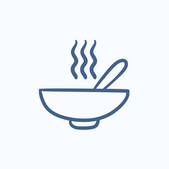 Bowl of hot soup with spoon sketch icon.