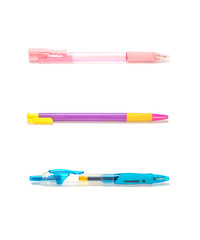 Closeup colorful pens , pink pen , purple pen , blue pen  isolated on white background