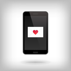 Smartphone, mobile phone on white background with envelope and red Heart. Valentine's Day and Love concept, realistic vector illustration