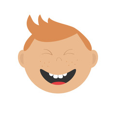 Laughing boy icon. Cute cartoon character with red hair and freckles. Baby boy emotion collection. Happy face.  Smiling boy head. White background Isolated Flat design.