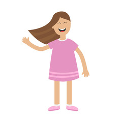 Girl waving hand Isolated. Happy child. Hair fluttering in the wind. Cute cartoon laughing character in violet dress. Smiling woman. White background. Flat design