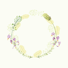 Vector watercolor round floral frame. Hand draw romantic herbal border