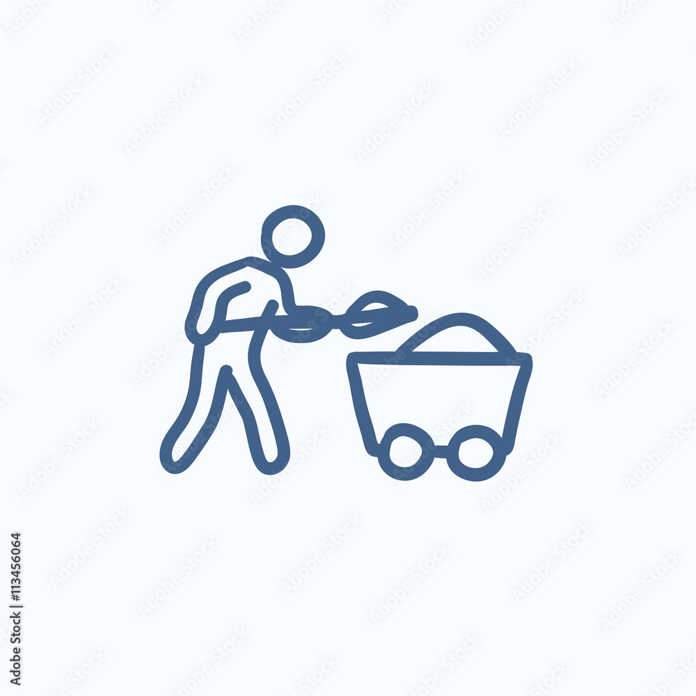 Poster mining worker with trolley sketch icon.