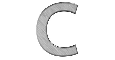 The 3d rendering of the letter C in brushed metal on a white iso