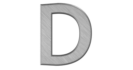 The 3d rendering of the letter D in brushed metal on a white iso