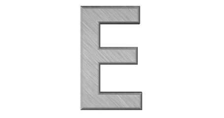 The 3d rendering of the letter E in brushed metal on a white iso