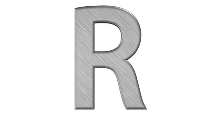 The 3d rendering of the letter R in brushed metal on a white iso