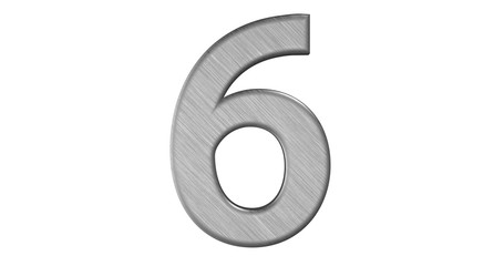 The 3d rendering of the letter 6 in brushed metal on a white iso