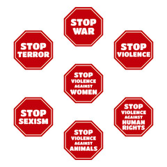 vector set of Stop Terror, War, Sexism, Violence against Women, Human Rights, Animals. Red symbols, isolated on white background