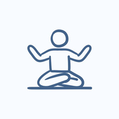 Man meditating in lotus pose sketch icon.