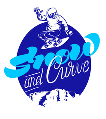 label with a man on a snowboard going down a hill, mountains on 