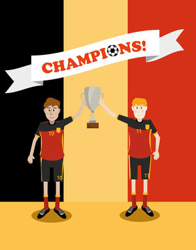 vector illustration of Belgium national soccer players holding champions winner trophy cup