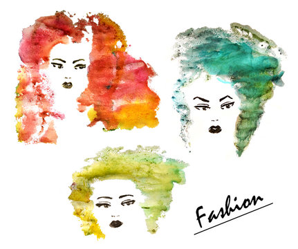 Three hand drawn fashion women with watercolor stylized hair 