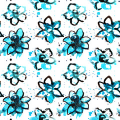 Abstract beautiful black and blue flowers, hand drawn watercolor illustration, seamless pattern