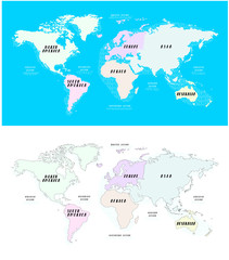 World Map Continents Pastel Hand Drawn Style / Vector of World Map with Continents Section Name