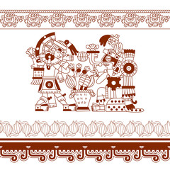 sketch drawing aztec cacao bean, leaves, nibs, pattern on brown 