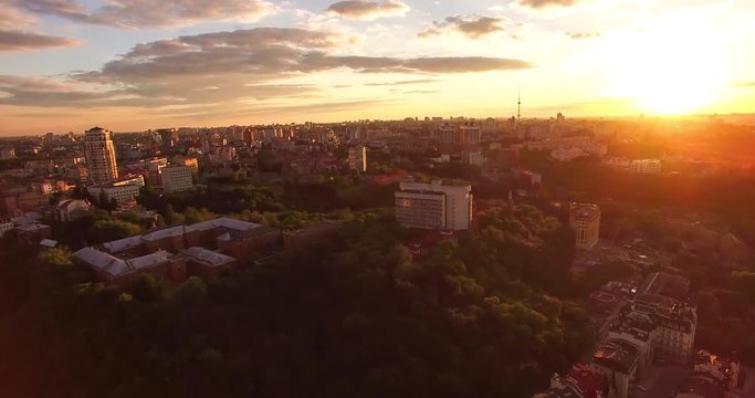 Aerial view sunset in the city. beautiful view of the city on the river.beautiful sunset