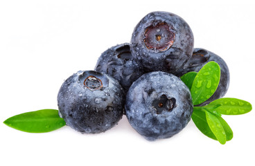 Blueberry on white, organic berry with leaves.