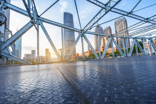 Fototapeta view of city skyline from bridge,tianjin,china