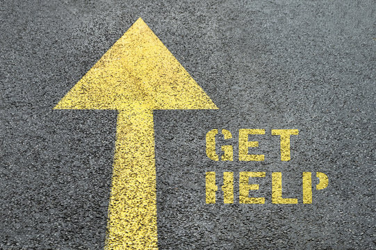 Yellow Forward Road Sign With Get Help Word On The Asphalt Road.