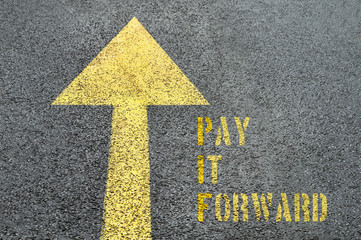 Yellow forward road sign with Pay It Forward word on the asphalt - obrazy, fototapety, plakaty