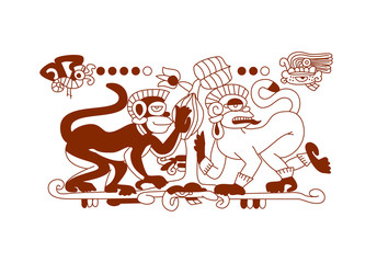 aztec cacao bean, leaves, nibs, pattern with monkey,maya on brow