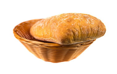 Ciabatta in a basket on a white background.