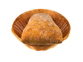 Ciabatta in a basket on a white background.