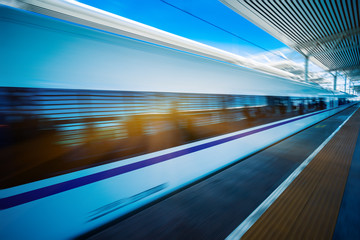high-speed train at the railway station,motion blurred,tianjin china.
