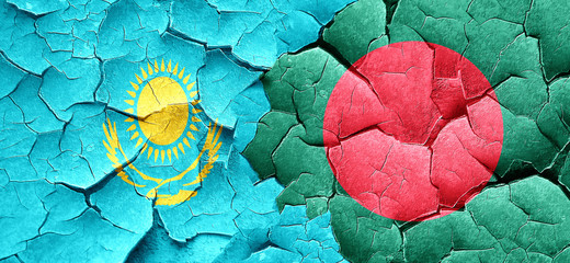Kazakhstan flag with Bangladesh flag on a grunge cracked wall