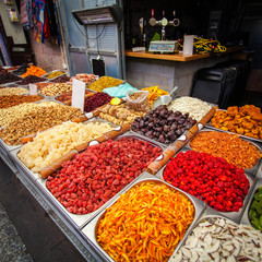 Various dried fruits on the Mahane Yehuda Market.